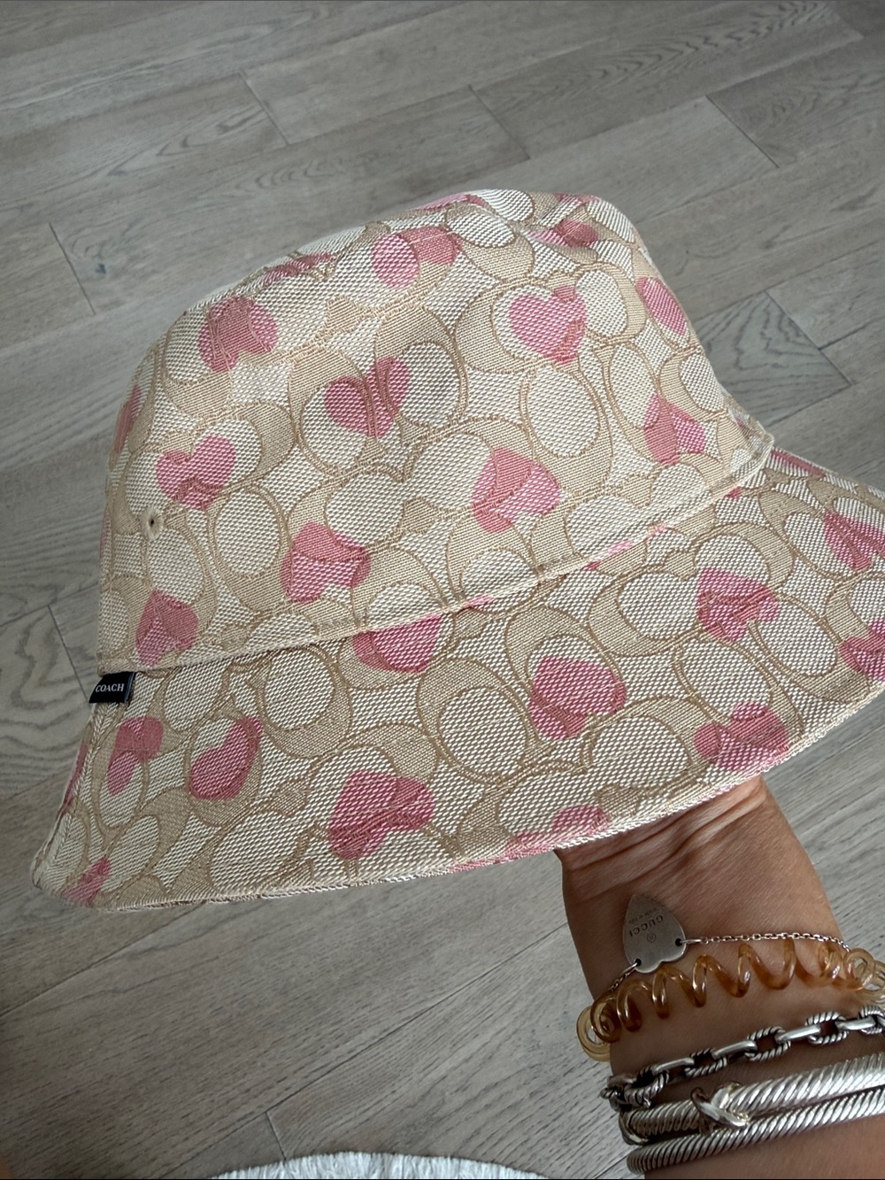 Coach Beige and Pink Signature Heart Bucket Hat